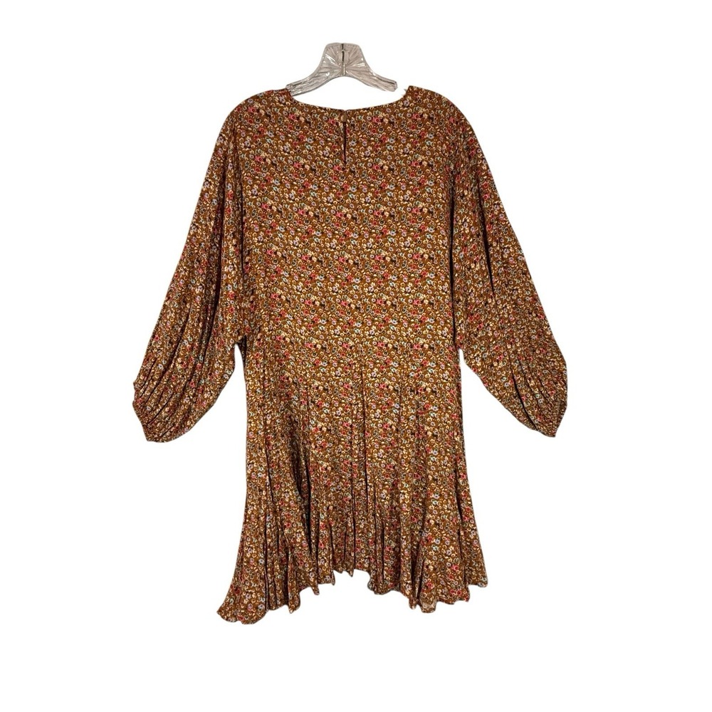 Aura Floral Boho Mini Dress Brown Ruffle Hem Long Sleeve Flowy Size Babydoll